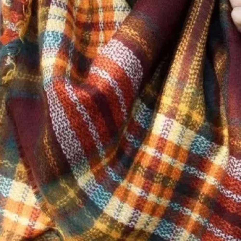 Plaid Burgundy Harvest Wool Blend Blanket Scarf - Picture 2 of 2